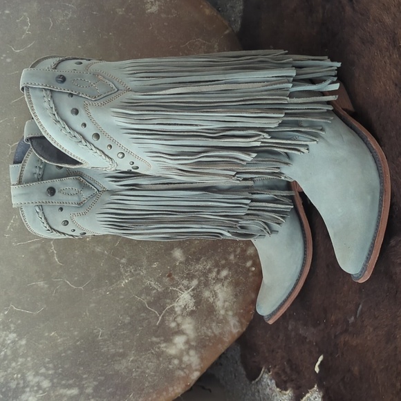 LIBERTY BLACK Vegas Fringed leather boots "Ciel"/Ice Blue LB71124 snip toe sz6.5 - Picture 6 of 16